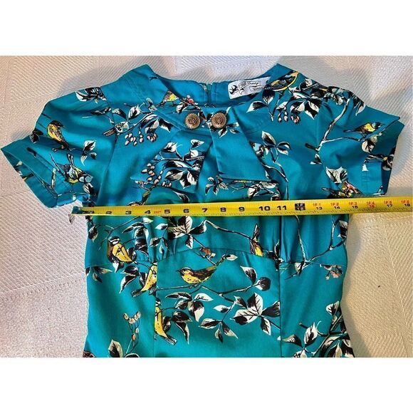 Hell Bunny Womens Blue Green Birdy Round Neck Short Sleeve A Line Dress X-Small - Picture 8 of 14